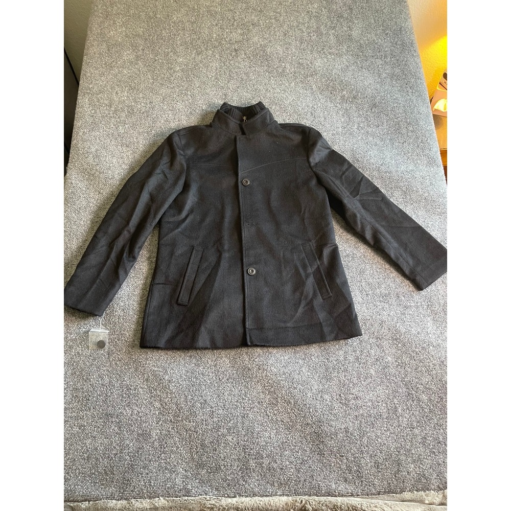 Mens Wool Blend Double Layer Car Coat Black Mock Neck Button Front Jacket L